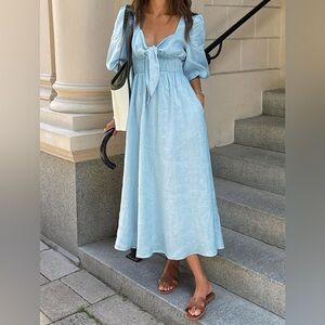 Linen Cotton Front Tie Midi Dress
